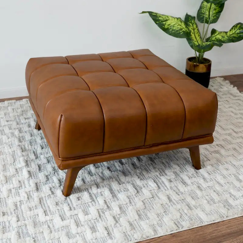 Ottoman en cuir tanné capitonné – Style Mid-Century, pour 1 à 2 personnes