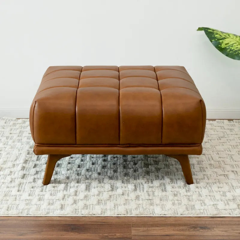 Ottoman en cuir tanné capitonné – Style Mid-Century, pour 1 à 2 personnes