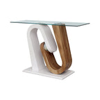 Console contemporaine bicolore blanc et naturel avec plateau en verre trempé et piètement géométrique – Individuel