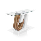 Console contemporaine bicolore blanc et naturel avec plateau en verre trempé et piètement géométrique – Individuel