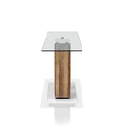 Console contemporaine bicolore blanc et naturel avec plateau en verre trempé et piètement géométrique – Individuel