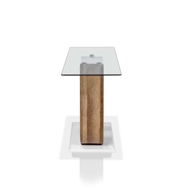 Console contemporaine bicolore blanc et naturel avec plateau en verre trempé et piètement géométrique – Individuel