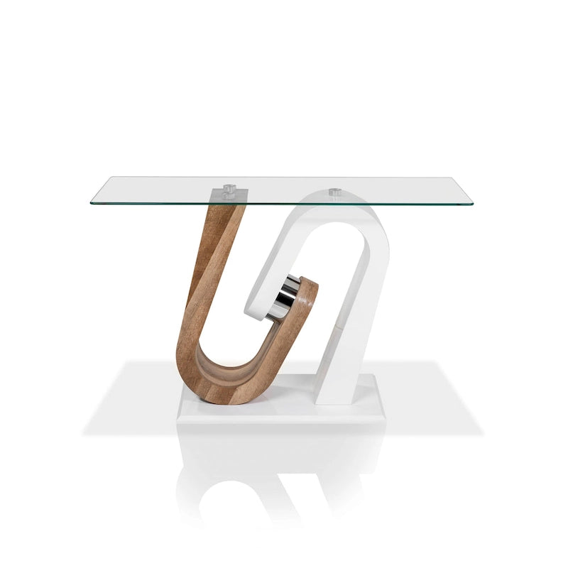 Console contemporaine bicolore blanc et naturel avec plateau en verre trempé et piètement géométrique – Individuel
