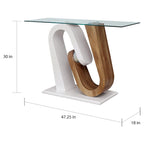 Console contemporaine bicolore blanc et naturel avec plateau en verre trempé et piètement géométrique – Individuel