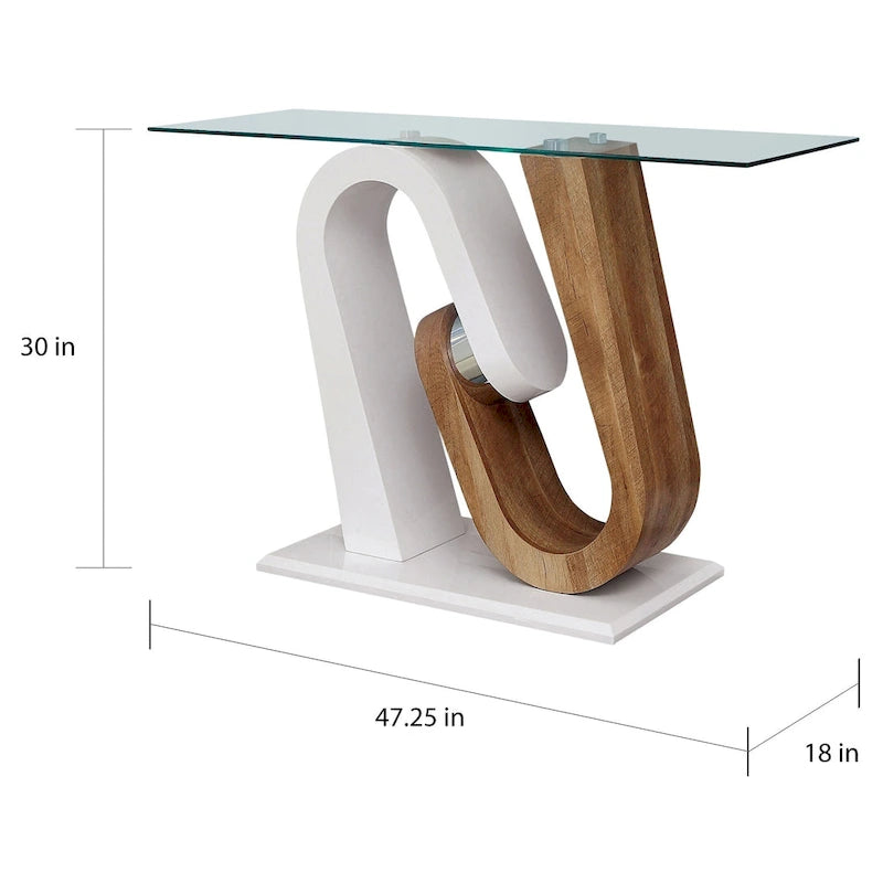Console contemporaine bicolore blanc et naturel avec plateau en verre trempé et piètement géométrique – Individuel