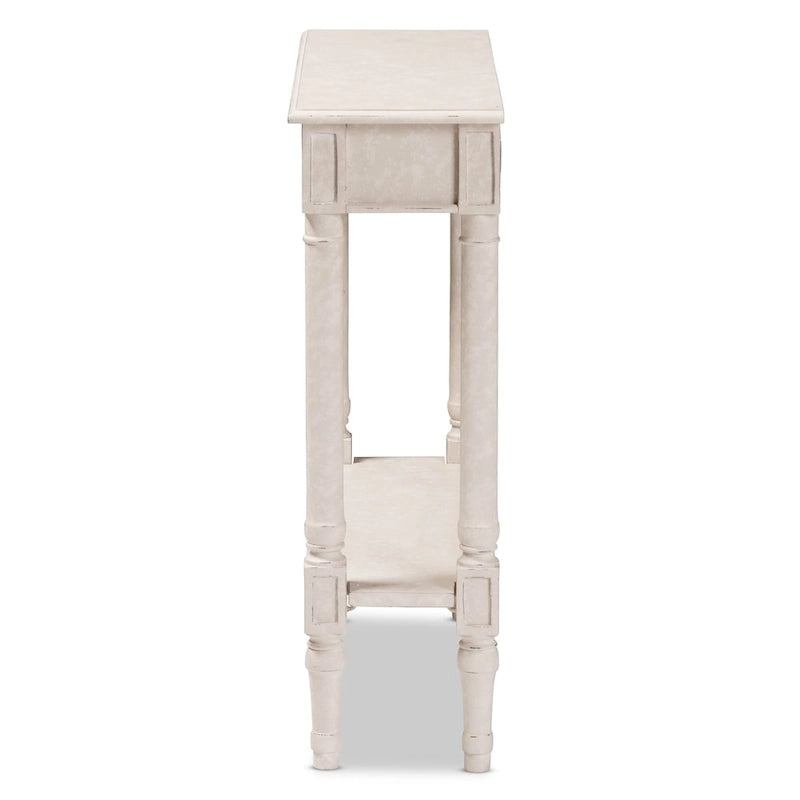 Console de Ferme Blanchie avec 1 Tiroir, Étagère Inférieure et Pieds Tournés – Unité Unique