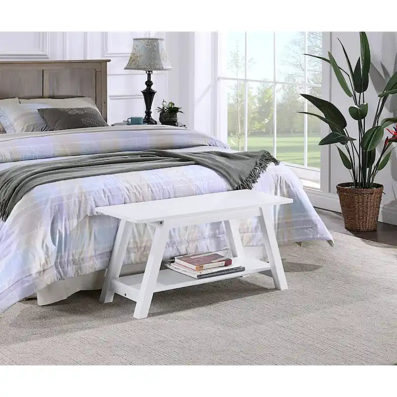 Banc en bois massif blanc avec étagère de rangement – Style fermier, 1 à 2 places