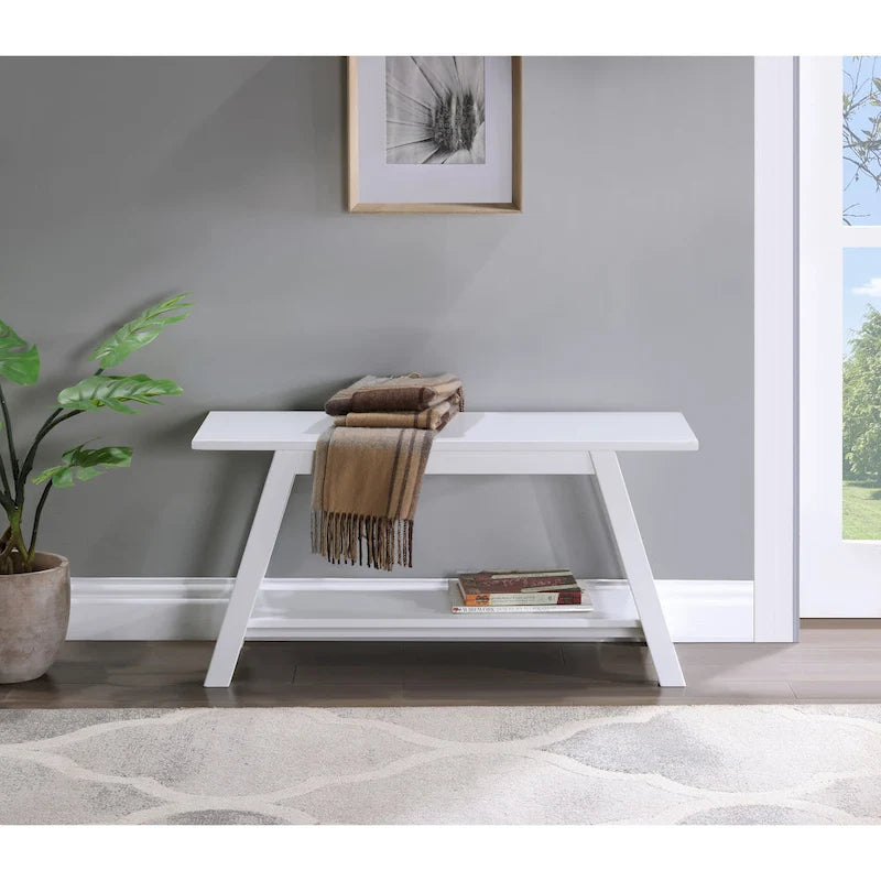 Banc en bois massif blanc avec étagère de rangement – Style fermier, 1 à 2 places