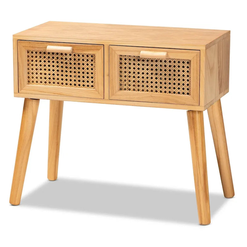 Console 2 tiroirs mi-siècle en chêne brun avec façades en rotin et pieds inclinés – Unité simple