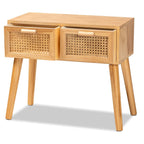 Console 2 tiroirs mi-siècle en chêne brun avec façades en rotin et pieds inclinés – Unité simple