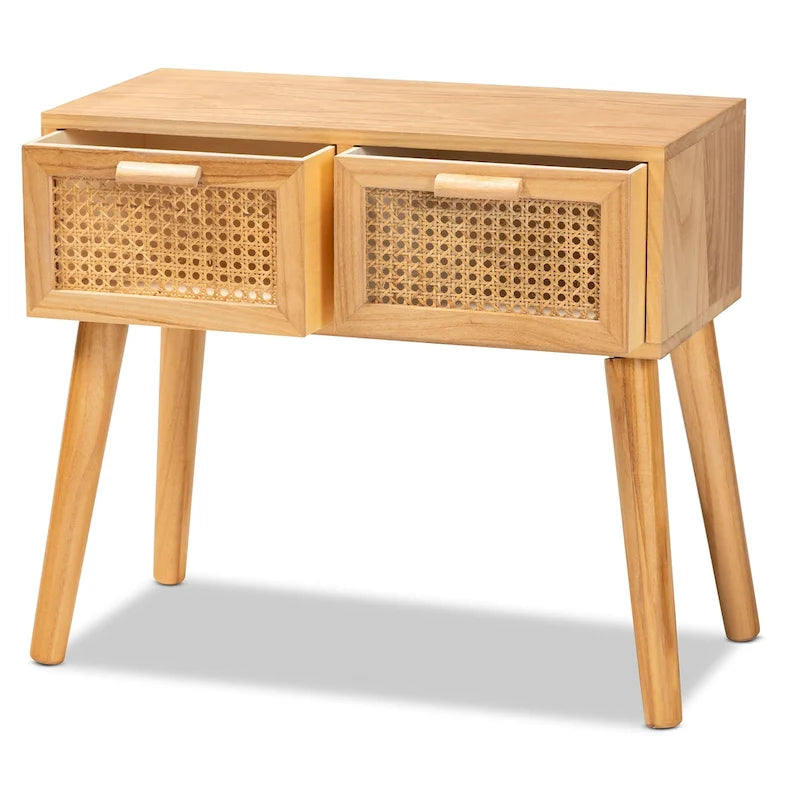 Console 2 tiroirs mi-siècle en chêne brun avec façades en rotin et pieds inclinés – Unité simple