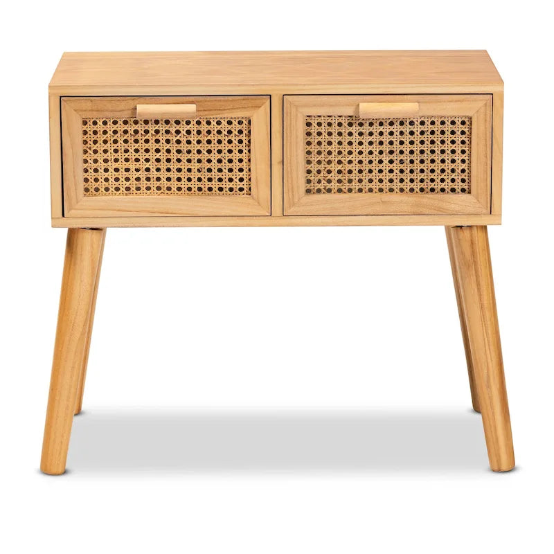 Console 2 tiroirs mi-siècle en chêne brun avec façades en rotin et pieds inclinés – Unité simple