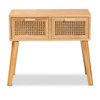 Console 2 tiroirs mi-siècle en chêne brun avec façades en rotin et pieds inclinés – Unité simple