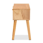 Console 2 tiroirs mi-siècle en chêne brun avec façades en rotin et pieds inclinés – Unité simple