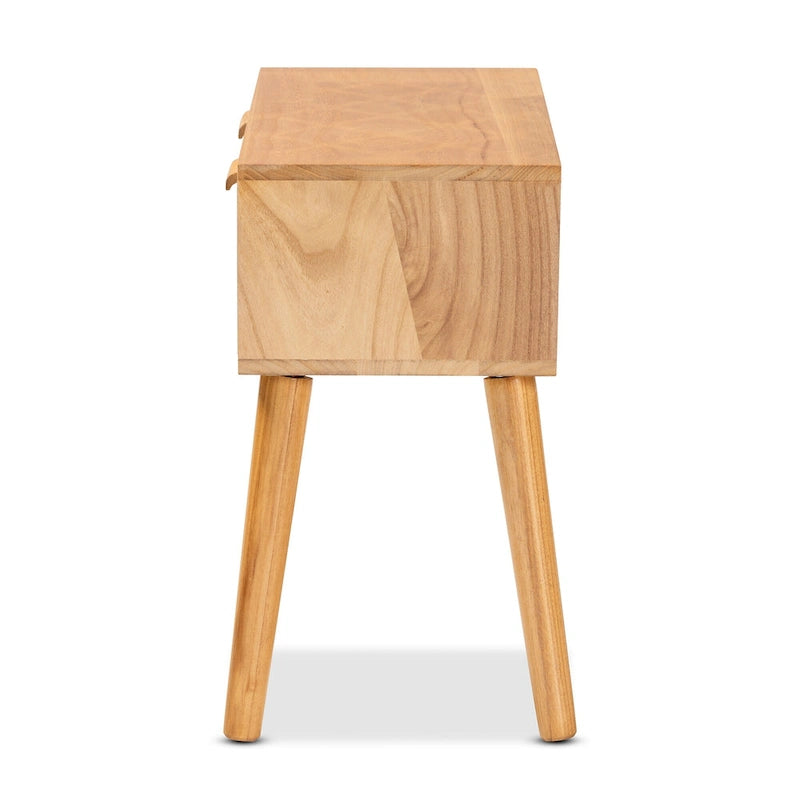 Console 2 tiroirs mi-siècle en chêne brun avec façades en rotin et pieds inclinés – Unité simple