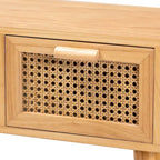 Console 2 tiroirs mi-siècle en chêne brun avec façades en rotin et pieds inclinés – Unité simple