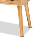 Console 2 tiroirs mi-siècle en chêne brun avec façades en rotin et pieds inclinés – Unité simple