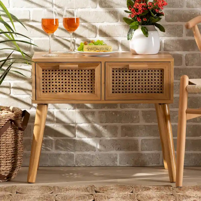Console 2 tiroirs mi-siècle en chêne brun avec façades en rotin et pieds inclinés – Unité simple