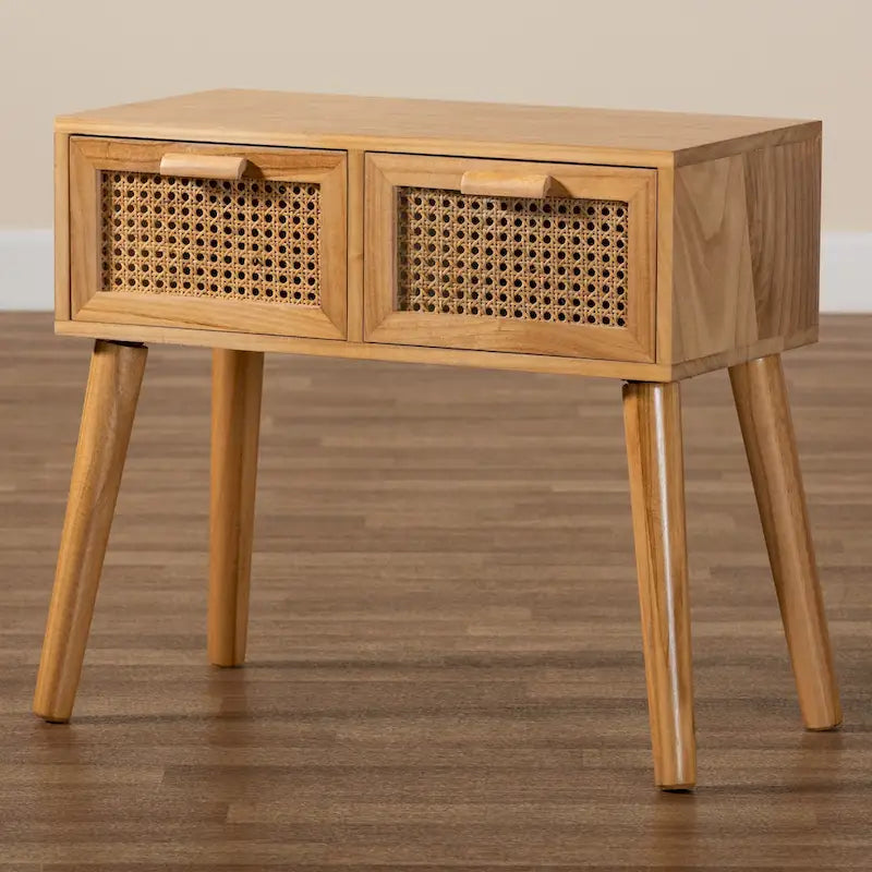 Console 2 tiroirs mi-siècle en chêne brun avec façades en rotin et pieds inclinés – Unité simple
