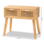 Console 2 tiroirs mi-siècle en chêne brun avec façades en rotin et pieds inclinés – Unité simple