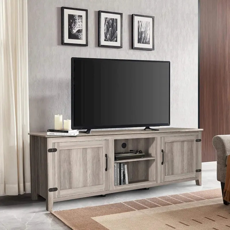 Meuble TV Noyer avec Portes & Étagères Ouvertes – Style Industriel, Utilisation Familiale