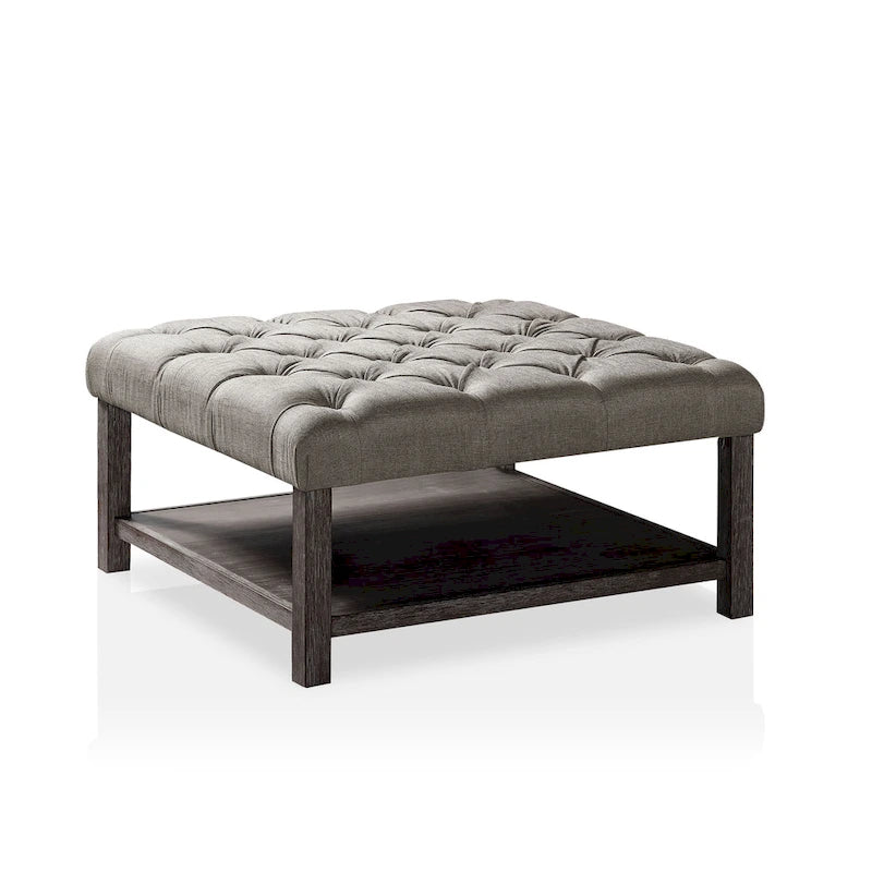 Pouf carré capitonné gris avec étagère ouverte – Style de transition, utilisation 1-2 personnes