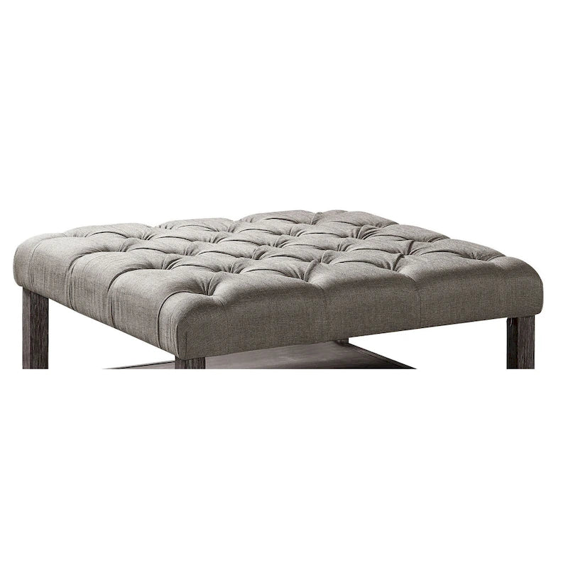 Pouf carré capitonné gris avec étagère ouverte – Style de transition, utilisation 1-2 personnes