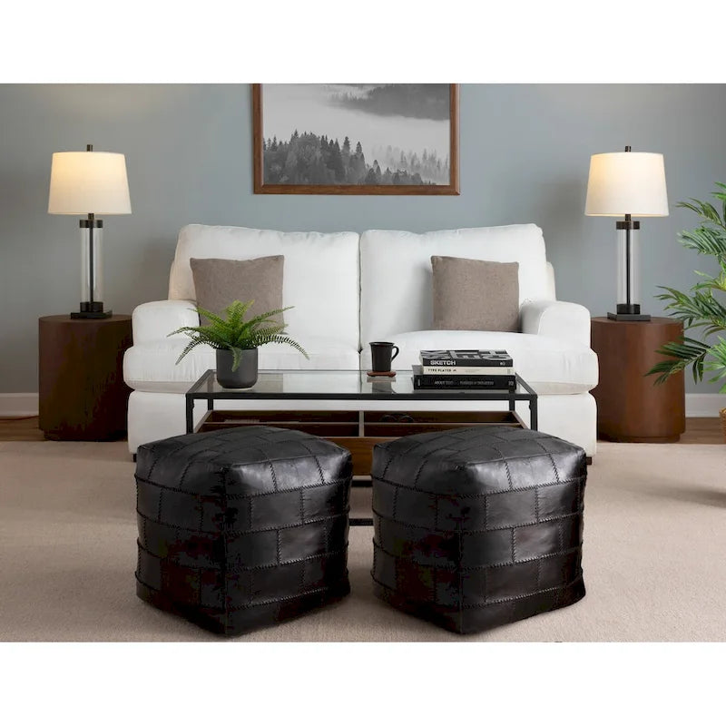 Pouf / Repose-pieds en cuir patchwork marron / gris / expresso / noir – Style industriel, pour 1 personne