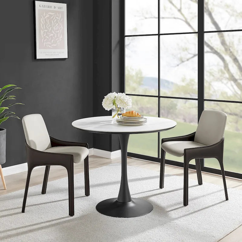 Table à manger ronde en marbre et chêne clair avec pied central – 90 cm ou 119 cm, 2 à 4 places