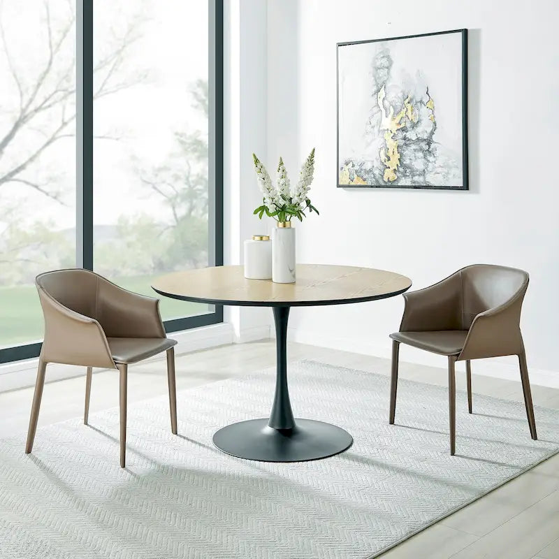 Table à manger ronde en marbre et chêne clair avec pied central – 90 cm ou 119 cm, 2 à 4 places