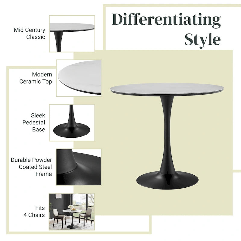 Table à manger ronde en marbre et chêne clair avec pied central – 90 cm ou 119 cm, 2 à 4 places