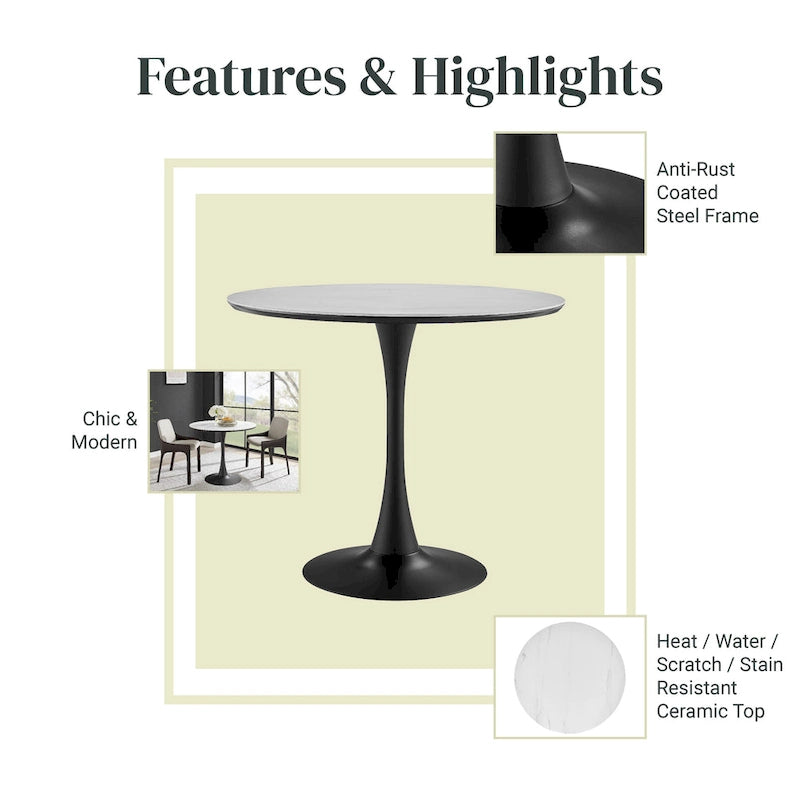 Table à manger ronde en marbre et chêne clair avec pied central – 90 cm ou 119 cm, 2 à 4 places