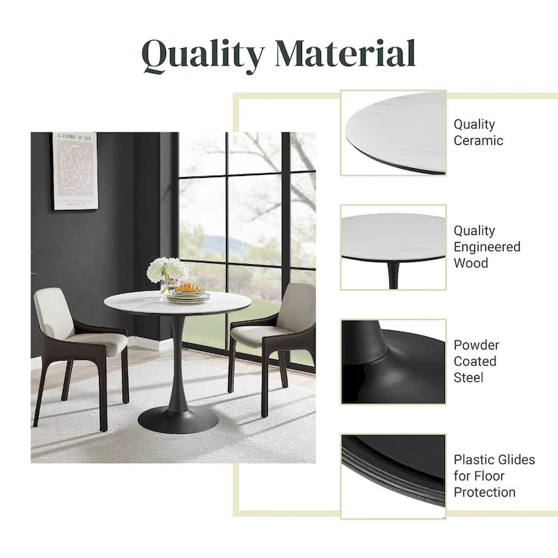 Table à manger ronde en marbre et chêne clair avec pied central – 90 cm ou 119 cm, 2 à 4 places