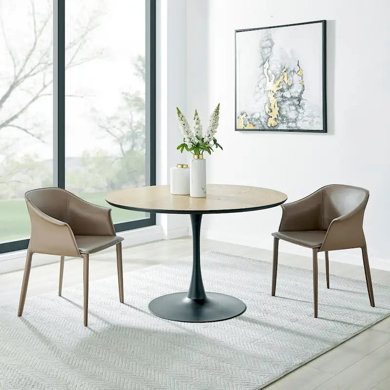 Table à manger ronde en marbre et chêne clair avec pied central – 90 cm ou 119 cm, 2 à 4 places