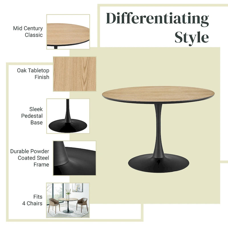 Table à manger ronde en marbre et chêne clair avec pied central – 90 cm ou 119 cm, 2 à 4 places