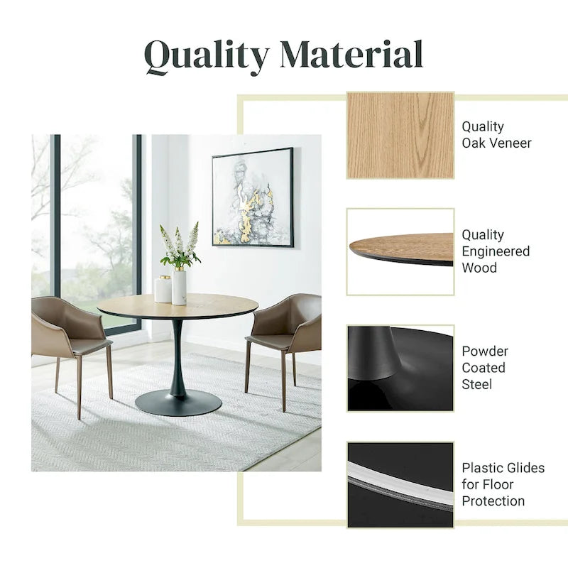 Table à manger ronde en marbre et chêne clair avec pied central – 90 cm ou 119 cm, 2 à 4 places