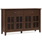 Buffet de salle à manger en pin massif 4 portes avec panneaux en verre – Marron roussâtre / Marron châtaigne foncé / Noir – Meuble simple