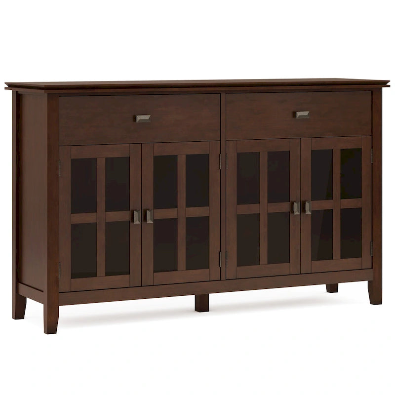 Buffet de salle à manger en pin massif 4 portes avec panneaux en verre – Marron roussâtre / Marron châtaigne foncé / Noir – Meuble simple