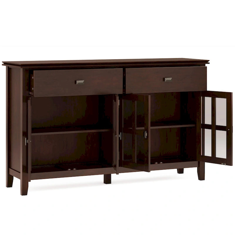 Buffet de salle à manger en pin massif 4 portes avec panneaux en verre – Marron roussâtre / Marron châtaigne foncé / Noir – Meuble simple