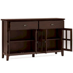 Buffet de salle à manger en pin massif 4 portes avec panneaux en verre – Marron roussâtre / Marron châtaigne foncé / Noir – Meuble simple