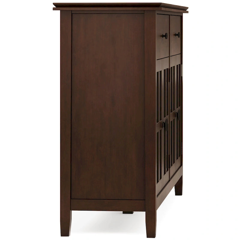 Buffet de salle à manger en pin massif 4 portes avec panneaux en verre – Marron roussâtre / Marron châtaigne foncé / Noir – Meuble simple