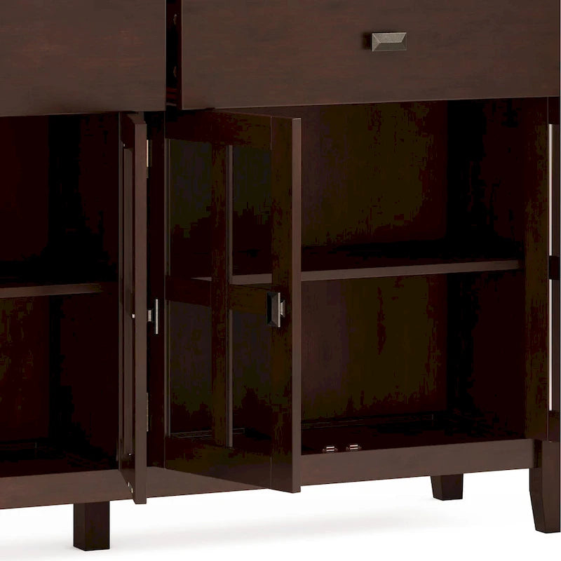 Buffet de salle à manger en pin massif 4 portes avec panneaux en verre – Marron roussâtre / Marron châtaigne foncé / Noir – Meuble simple