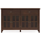 Buffet de salle à manger en pin massif 4 portes avec panneaux en verre – Marron roussâtre / Marron châtaigne foncé / Noir – Meuble simple