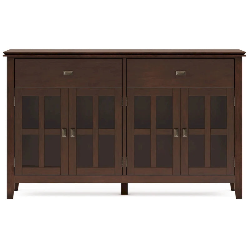 Buffet de salle à manger en pin massif 4 portes avec panneaux en verre – Marron roussâtre / Marron châtaigne foncé / Noir – Meuble simple