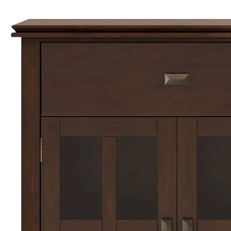 Buffet de salle à manger en pin massif 4 portes avec panneaux en verre – Marron roussâtre / Marron châtaigne foncé / Noir – Meuble simple