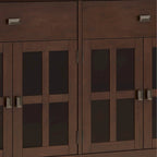 Buffet de salle à manger en pin massif 4 portes avec panneaux en verre – Marron roussâtre / Marron châtaigne foncé / Noir – Meuble simple