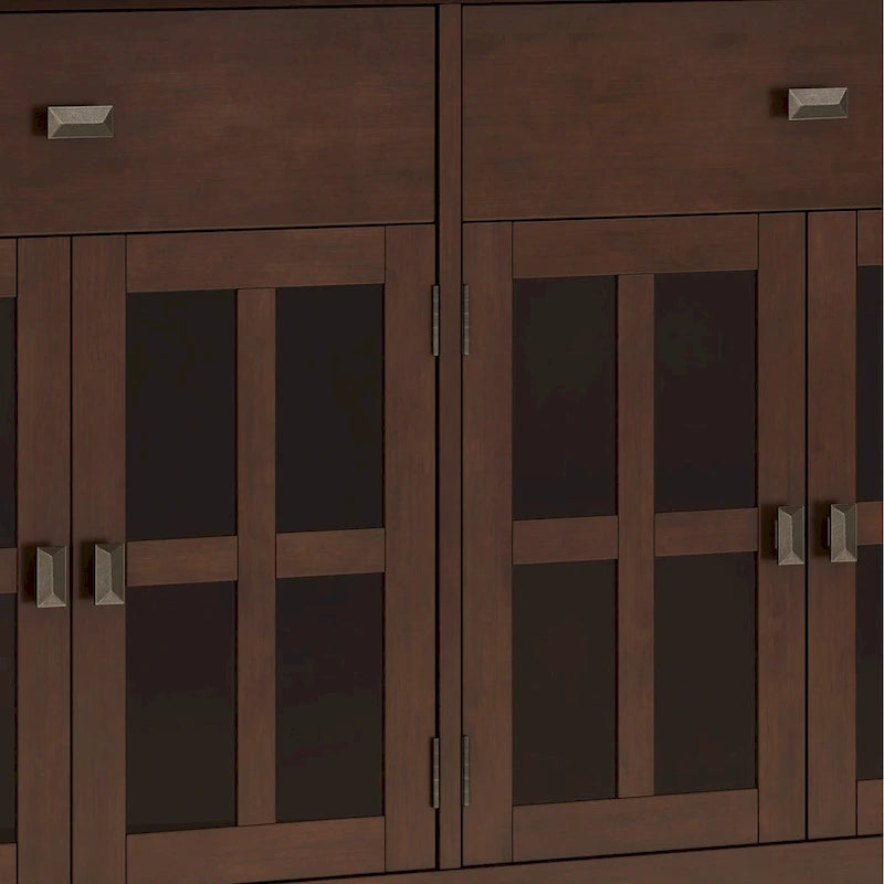 Buffet de salle à manger en pin massif 4 portes avec panneaux en verre – Marron roussâtre / Marron châtaigne foncé / Noir – Meuble simple