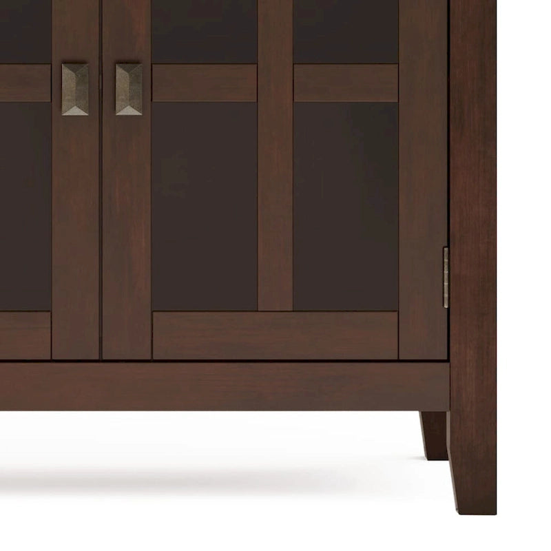 Buffet de salle à manger en pin massif 4 portes avec panneaux en verre – Marron roussâtre / Marron châtaigne foncé / Noir – Meuble simple
