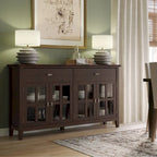 Buffet de salle à manger en pin massif 4 portes avec panneaux en verre – Marron roussâtre / Marron châtaigne foncé / Noir – Meuble simple