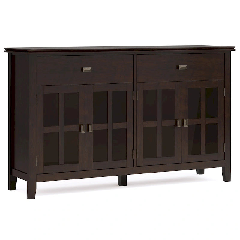 Buffet de salle à manger en pin massif 4 portes avec panneaux en verre – Marron roussâtre / Marron châtaigne foncé / Noir – Meuble simple